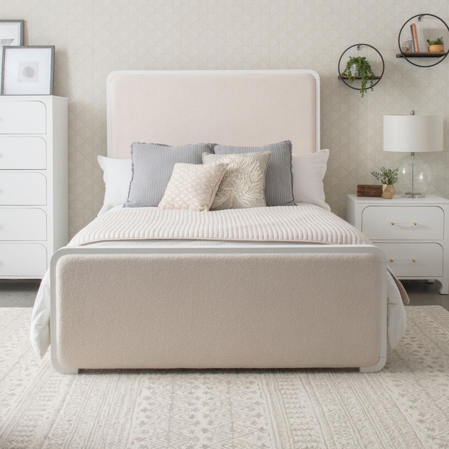 224751Q Lit à panneaux rembourré Anastasia Boucle 4 pièces Blanc perle et beige