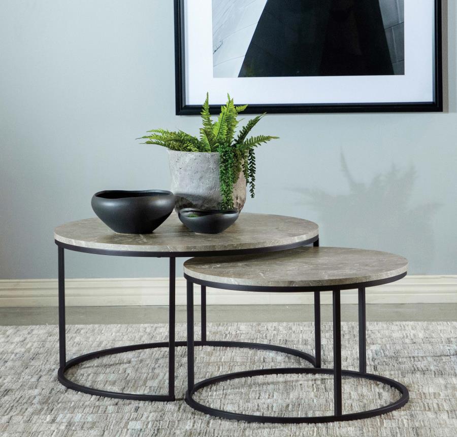736028 Lainey Table basse gigogne ronde 2 pièces en faux marbre gris