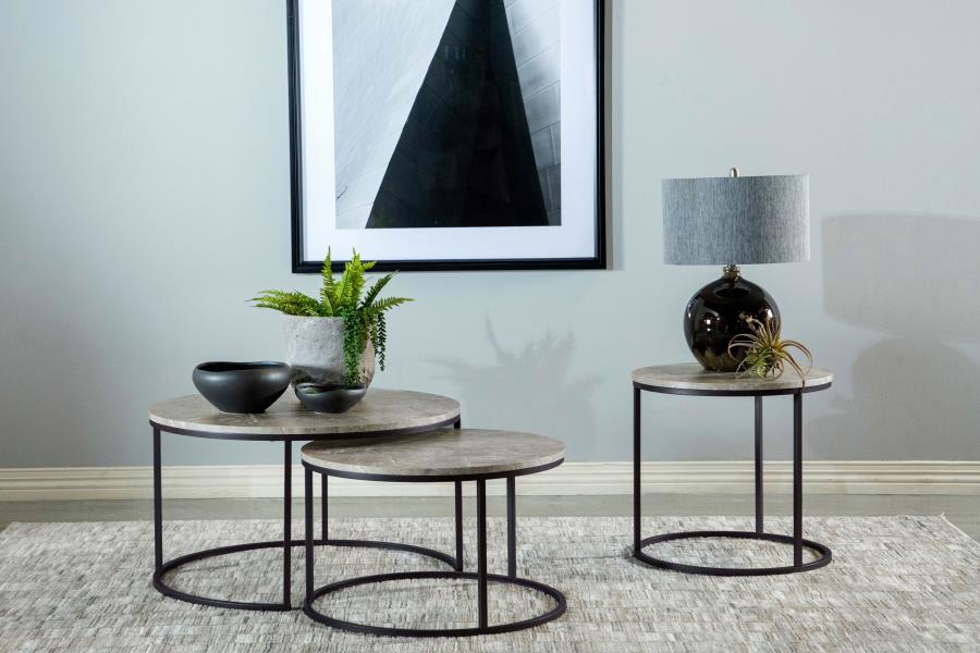 736028 Lainey Table basse gigogne ronde 2 pièces en faux marbre gris