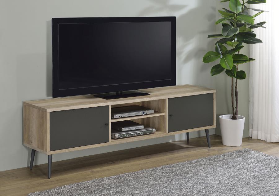 Meuble TV Allie 2 portes 70 avec étagère de rangement, pin antique et gris, 701076