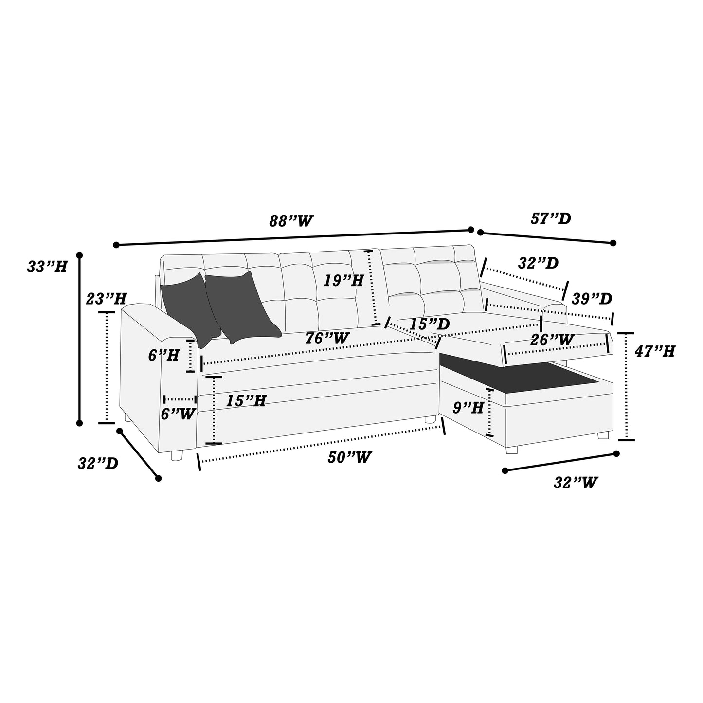 Canapé-lit sectionnel convertible 2 pièces F8542 avec rangement
