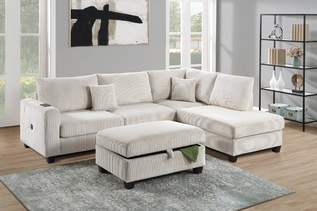 F8452 Canapé sectionnel 3 pièces avec port USB et pouf de rangement