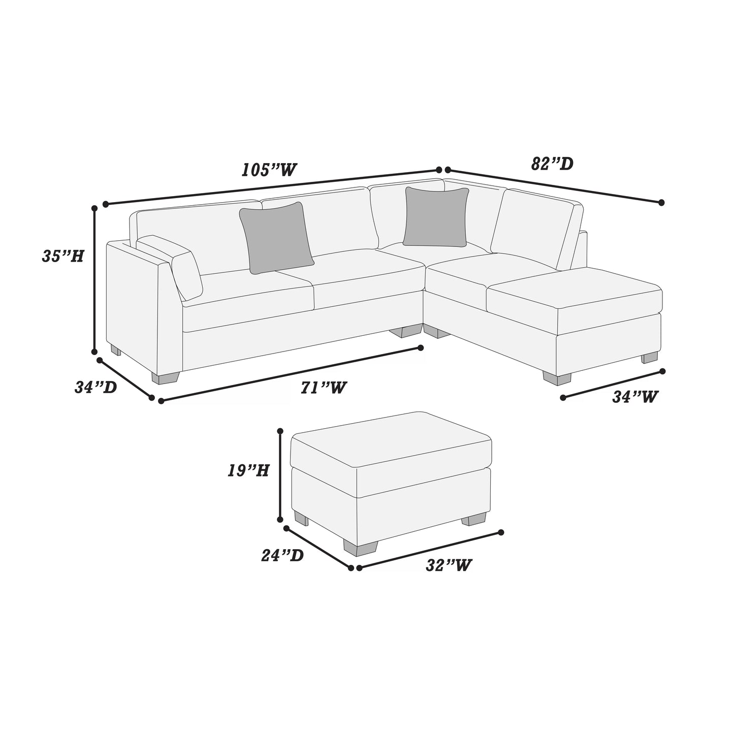 Ensemble sectionnel réversible 3 pièces F8478 avec pouf