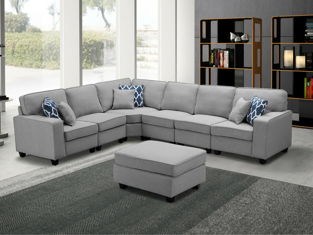 1352-Casanova 124W Canapé modulaire en L 7 pièces en lin avec pouf