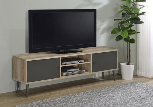 Meuble TV Allie 2 portes 70 avec étagère de rangement, pin antique et gris, 701076 