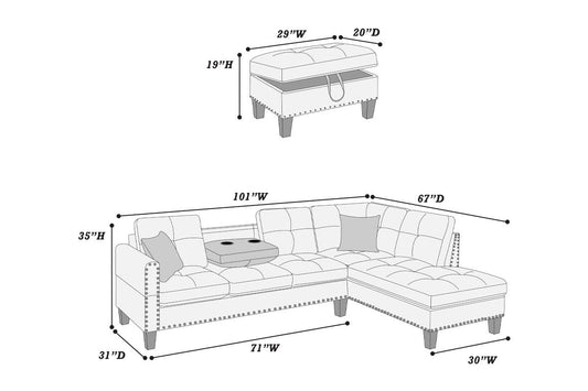 Canapé sectionnel Nassau 3 pièces avec pouf de rangement - Gris clair