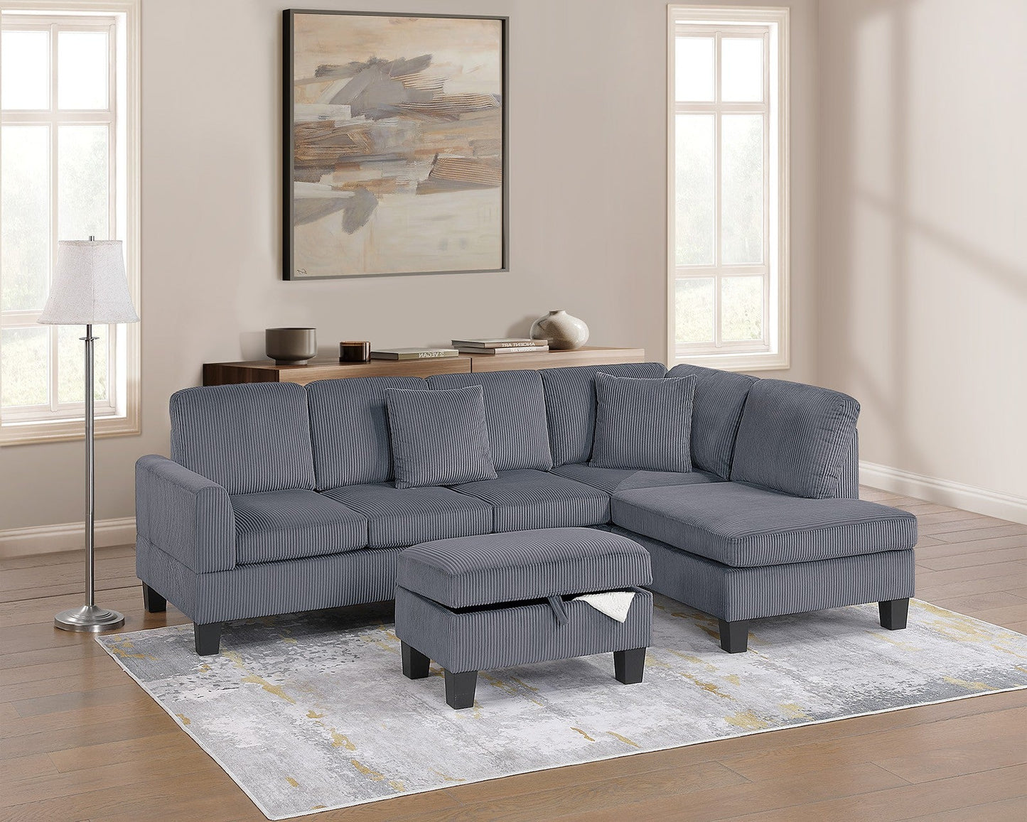 Ensemble sectionnel 3 pièces F8473 avec pouf - Gris foncé