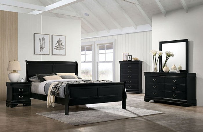 FM7866Bk-4PC Ensemble de chambre à coucher Louis Philippe 4 pièces noir avec lit queen size