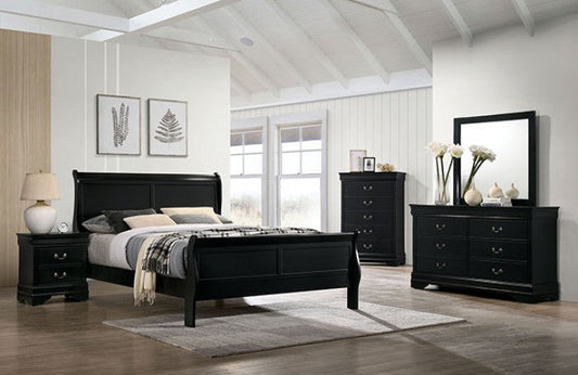 FM7866Bk-4PC Ensemble de chambre à coucher Louis Philippe 4 pièces noir avec lit queen size