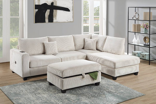 F8452 Canapé sectionnel 3 pièces avec port USB et pouf de rangement 